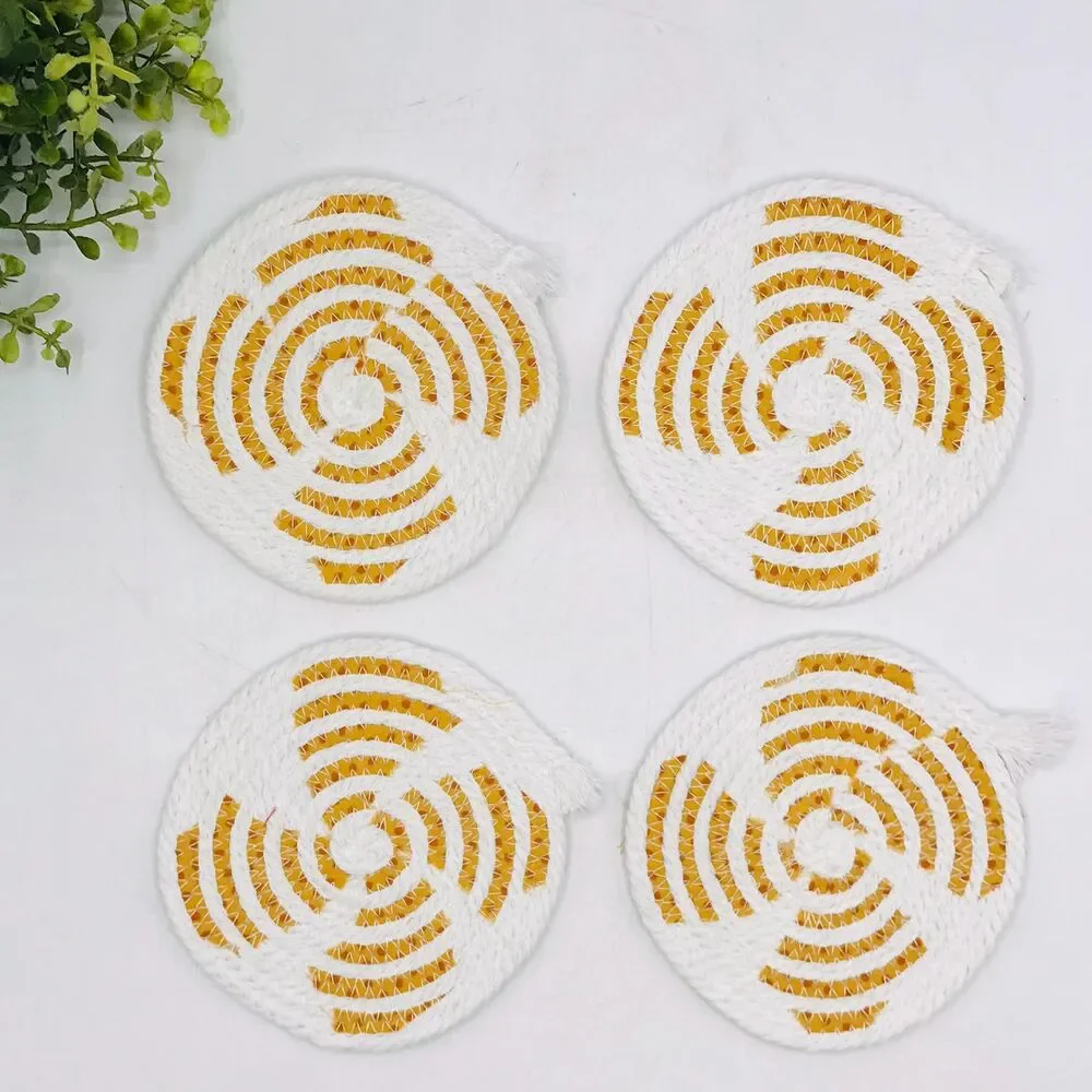 One Set of 4 Rope Coffee Coasters Cotton Fall Orange Dots Sunroom Cottage 4.25